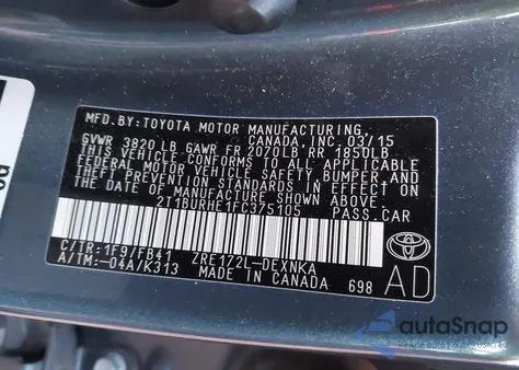 2015 Toyota Corolla Le z USA, uszkodzony, nr VIN 2T1BURHE1FC375105